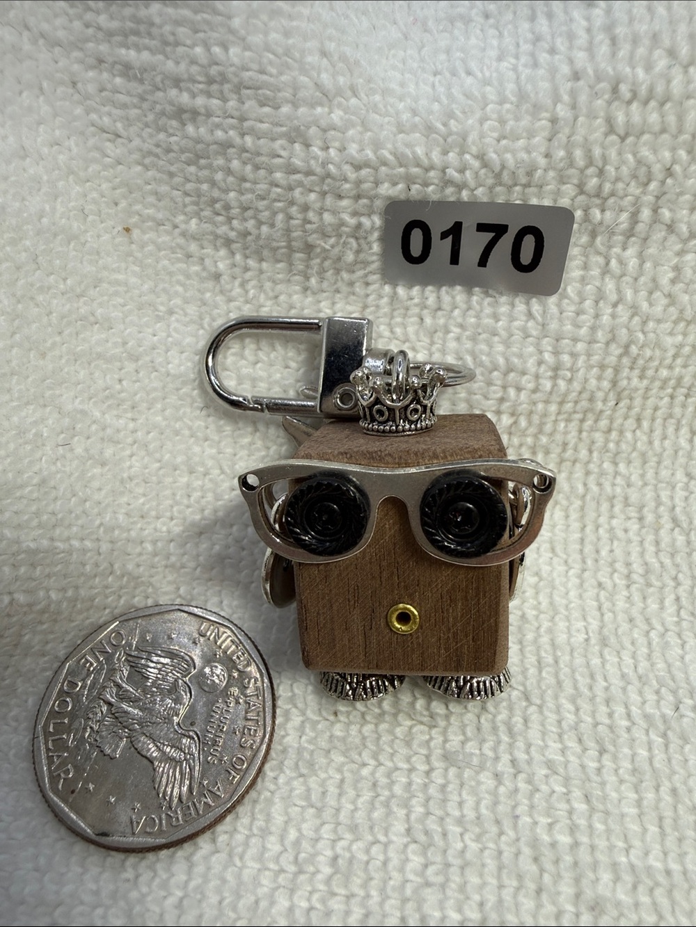 Wooden Brown Robot Key & Card Holder Charm with Silver toned Accents
